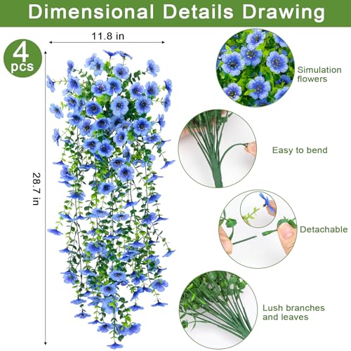 4 Pcs Artificial Hanging Flowers for Outdoor, Fake Silk Daisy Flowers Spring Summer Decoration UV Resistant Faux Plants for Planter Front Door Porch Patio Balcony Yard Decor, Blue - color: Blue