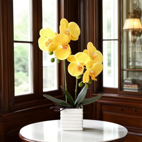 Artificial Orchids for Home Decor Indoor with Vase Orchids Artificial Flowers Yellow Orchid Height 14 inches - color: Yellow