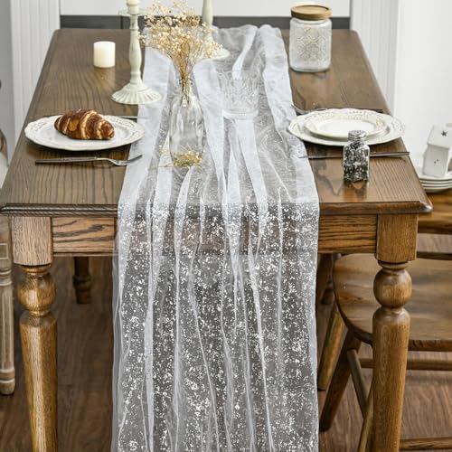 Artoid Mode White Silver Gauze Table Runner 120 Inch 10FT, Glitter Metallic Foil Sheer Dining Holiday Wedding Anniversary Birthday Table Decor for Home Party - color: White Silver, size: 28" x 120"