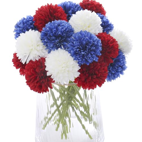 Kimura's Cabin 21Pcs Chrysanthemum Patriotic Flower 4th of July Artificial Flowers Faux Silk Mums with Stem Balls Flowers for Home Table Centerpieces DIY Decor Memorial Day Decoratio Red White Blue - color: Red White Blue