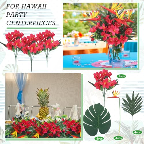Hotop 4 Set/ 16 Pcs Artificial Tropical Flower Bouquets Bulk for Hawaii Centerpieces Bird of Paradise Lily Bouquet Permanent Flower Tropical Plant Party Office Home Decor (Rose Red) - color: Rose Red