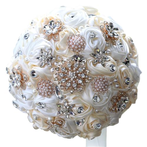 Handmade Wedding Bridal Bouquet with Bling Rhinestone Pearl Brooch Bouquet for Bride Bridesmaid Quinceanera Satin Rose Flower Wedding Bouquet Champagne and Ivory 7.5in - color: Champagne & Ivory, size: Medium (DIA. 7.5"/19cm)