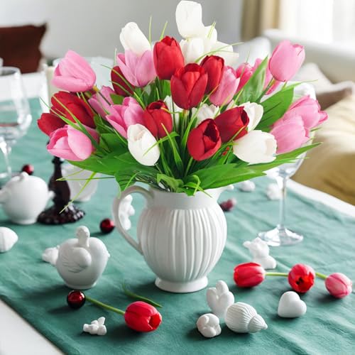 obbsie 6 pcs Tulips Artificial Flowers, Artificial Red White Pink Tulips Flowers Real Touch Silk Flower for Wedding Party Home Table Decor