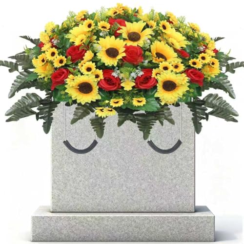 Artificial Cemetery Flowers for Grave,Headstone Flower Saddle Silk Sunflowers Grave Flowers for Cemetery Memorial for Outdoor Gravesite Decoration (Red) - color: Red
