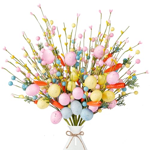Sggvecsy Artificial Easter Stems 6 Pcs Spring Berry Picks with Eggs Carrot Colorful Berries Twig Branches Sprays for Easter Arrangement Centerpiece Easter Celebration Home Vase Decor - color: Colorful