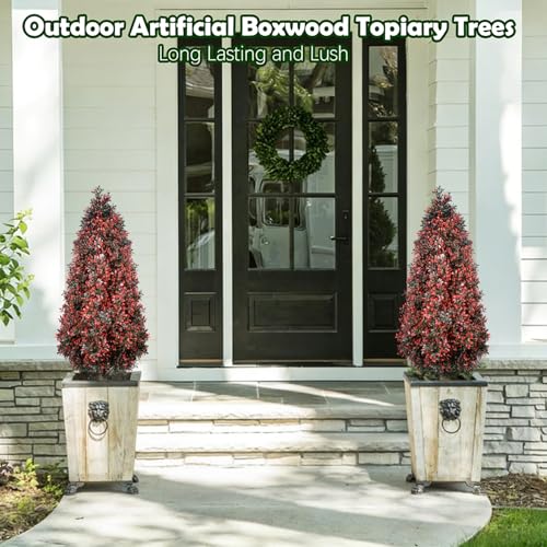 Faux Boxwood Topiaries Trees, 3.3FT Ste 2 Artificial Plants with Spikes Outdoor, Red Fake Topiary Realistic Bushes, UV Resistant Greenery for Indoor, Planter Front Porch Office Spring Decor-Red