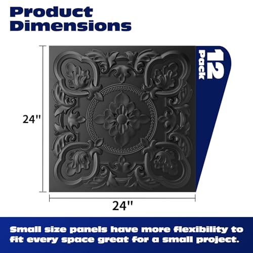 Art3dwallpanels 12 Pack Drop Ceiling Tiles, 24 x 24 Inch High Grade PVC 3D Wall Panels Vintage Flower Pattern for Interior Wall Decor, Fire Rated, Waterproof, Black - color: Black