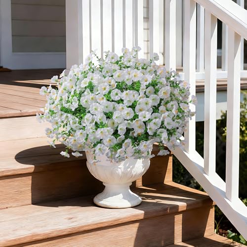 Ivydale 24 Bundles Artificial Flowers for Outdoors Summer Outside Decoration, Faux Silk Petunias White Fake Flowers Bulk Realistic UV Resistant Plants for Outdoor Planters Porch Patio Garden Yard Home - color: White
