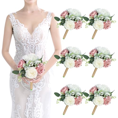 Artificial Bridesmaid Bouquets 6Pcs -7 Inch Bridesmaid Bouquets Pink Fake Floral Silk Rose Handmade for Wedding Holding Flowers, Bridal Shower,Engagement Wedding Ceremony Anniversary - Dusty Pink - color: Dusty Pink, size: 6pcs Bouquets