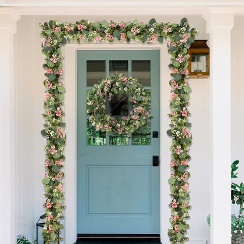 2Pack Eucalyptus Flower Garland with Violet 5.9Ft Artificial Ivy Greenery Hanging Vine Fake Ivy Floral Plants Garland for Wedding Outdoor Garden Party Background Table Runner, Total 11.8Ft, Pink - color: Pink Violet