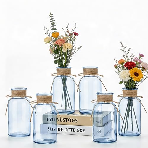 Glass Flower Vases for Centerpieces Boho Cylinder Bud Vases in Bulk Mason Jars for Weddings, Parties & Vintage Home Farmhouse (6, Blue) - color: Blue