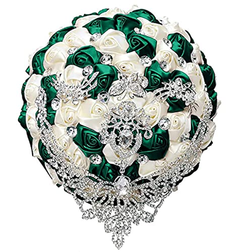 Handmade Luxury Wedding Bridal Bouquet Large Silk Rose Holding Toss Artificial Flowers Bouquets with Satin Ribbon Pearls Rhinestone for Bride Vintage Royal Wedding Bouquet (Dark Green + Ivory) - color: Dark Green + Ivory