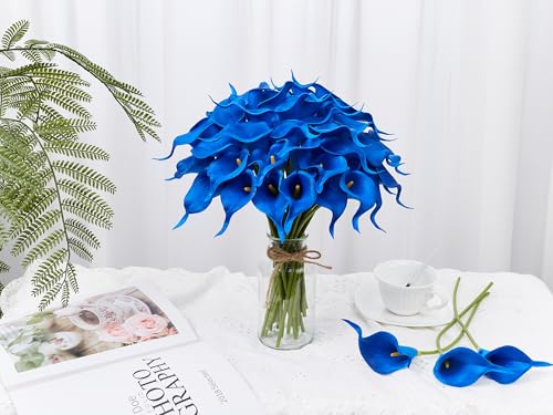 24 Pcs Blue Artificial Calla Lily Flowers Fake Blue Silk Flowers Real Touch for Wedding Bouquet Office Home Kitchen Decor - color: Blue