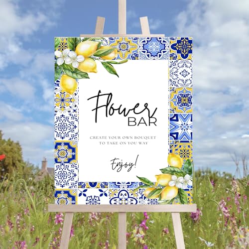 Flower Bar Signage, Make A Bouquet, Mediterranean, Blue Tile And Lemon, Bloom Bar Bridal Shower Sign - color: Flower #16