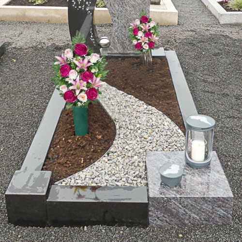 Briful 2 Set Artificial Cemetery Flowers for Grave, Silk Sympathy Grave Flowers Bouquet Fake Rose Peony Lily Floral Arrangement for Outdoor Vase Funeral Memorial Mother’s Day Decor - color: Purple Pink