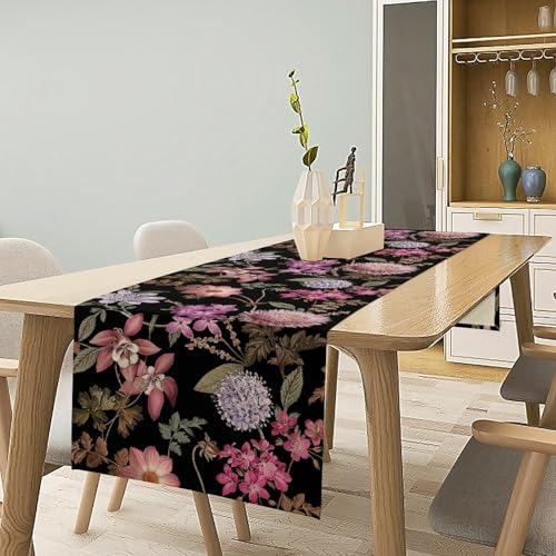 Boho Floral Table Runner Vintage Colorful Bohemian Flower Botanical Tropical Leaves Black Dinner Runner for Farmhouse Home Kitchen Party Holiday 36X13inch - color: Bohoflower-2, size: L36"x W13"