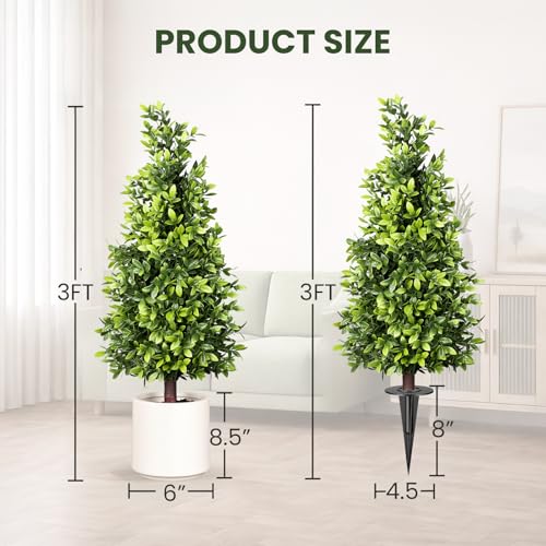3FT Artificial Cedar Topiary Tree with Detachable Pot and Ground Stake, UV Resistant Faux Pine Shrubs Fake Plants for Outdoor Indoor Front Porch Home Decor - color: Cedar Trees Pot and Ground Stake 3ft