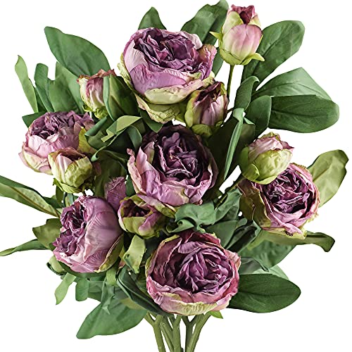 FiveSeasonStuff Vintage Purple Peonies – Realistic Artificial Silk Flowers with Dry-Look Petals, 6 Stems for Rustic Home & Wedding Floral Arrangements - color: Dusty Purple (6 Stems)