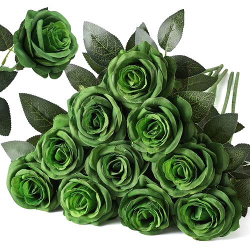 Nubry Artificial Silk Rose Flower Bouquet Lifelike Fake Rose for Wedding Home Party Decoration Event Gift 10pcs (Dark Green) - color: Dark Green