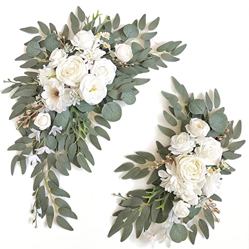 Faux Arch Flower Swag Set of 2 for Wedding Welcome Signs Floral Swag Wedding Reception Ceremony Signs Decor (White) - color: White