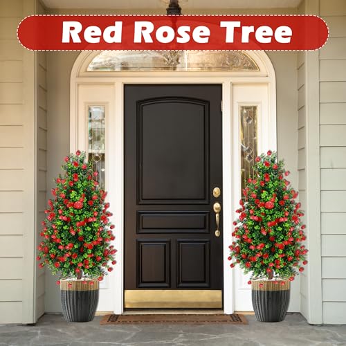 Sunnyglade 2 Packs 27.5" Artificial Rose Tree, Fake Rose Shrub Bushes Trees with Spike Faux Topiary Plants Tree for Indoor, Garden, Yard, Porch, Patio Decor - color: Red
