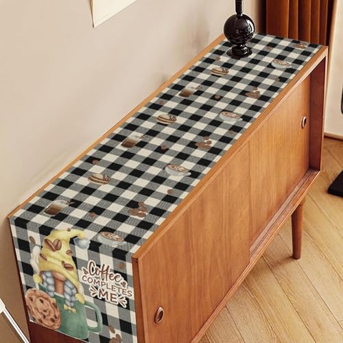 Coffee Time Table Runner, Rustic Black White Plaid Buffalo Gnome Coffee Theme Cafe Cup Tea Bean Drinks Table Center Decor for Family Outdoor Holiday Party Table Decorations, 13"x36" - color: Coffee-1, size: 13“ X 36"