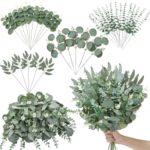 Serwalin 35pcs Artificial Mixed Eucalyptus Stems Leaves Bulk, 4Kinds Fake Greenery Silver Dollar Eucalyptus Leaves Picks,Faux Greenry Stems Sprays for DIY Bouquets Floral Arrangement Home Decor - color: Attractive Forest Green-35pcs