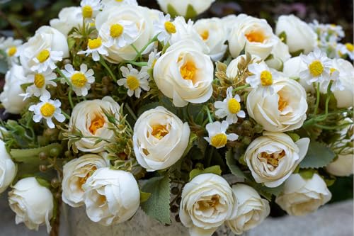 5 Pcs Fake Flowers in Vase Artificial Flower Arrangement Faux Peony Flowers for Wall Decoration Party Home Centerpiece Decor (Cream) - color: Cream