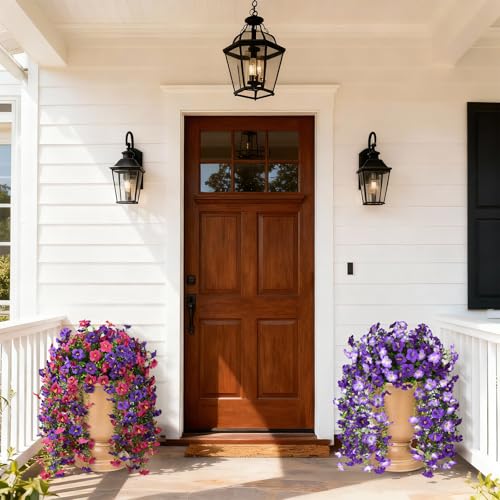 Artificial Hanging Flowers Plants for Outdoor Spring Summer Decoration, 2PCS Faux Silk Morning glory UV Resistant Look Real for Outside Home Indoor Planter Porch Garden Yard Decor(Deep Purple Red) - color: Deep Purple Red