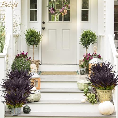 6Pcs Artificial Grass Fake Grass Plants 17.3in Outdoor Plants UV Resistant Faux Greenery Stems for Home Window Garden Office Patio Pathway Front Porch Halloween Décor Light Green & Purple - color: Light Green & Purple, size: 6 Pcs