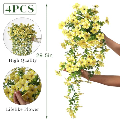 GLIDLION 4 PCS Artificial Morning Glory & Eucalyptus for Outside, Realistic Sun Resistant Fake Silk Hang Flower Faux Eucalyptus Leave for Patio Farmhouse Garden Porches Balcony Decor (Yellow) - color: Yellow
