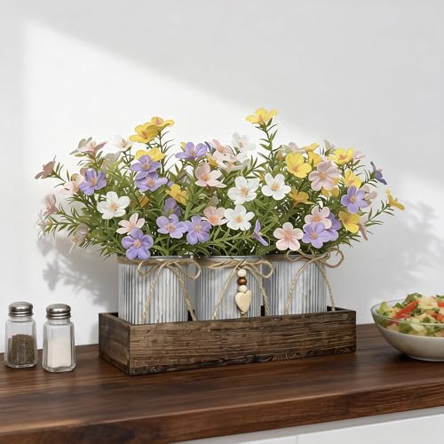 Artificial Gypsophila Baby's Breath, Rustic Table Centerpieces Home Decor for Dining Room, Farmhouse Wood Planter Box with 3 Galvanized Metal Pots Decorative Table Centerpiece - style: Milan Flowers
