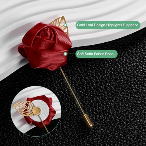 M METERXITY 12-Pack Flower Lapel Pins for Men, Golden Leaf Rose Boutonnieres Pin for Wedding/Dance/Party, Mens Lapel Pins for Suits Satin Flower Corsage Hat Pins [Wine Red] - color: Wine Red