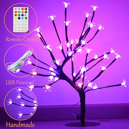 48 LED Cherry Blossom Tree Light, Color-Changing Cherry Flower Lamp，Artificial Bonsai Tree with Remote Lit Centerpieces Christmas Tabletop Night Lights for Halloween Wedding Party Home Decor
