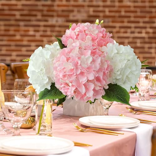 JINWOE Light Pink Flowers Silk Artificial Hydrangeas, 5Pcs 20Inch Lifelike Large Flowers with Stems, Full Artificial Flowers for Wedding Bouquet Table Centerpieces Spring Home - color: Light Pink