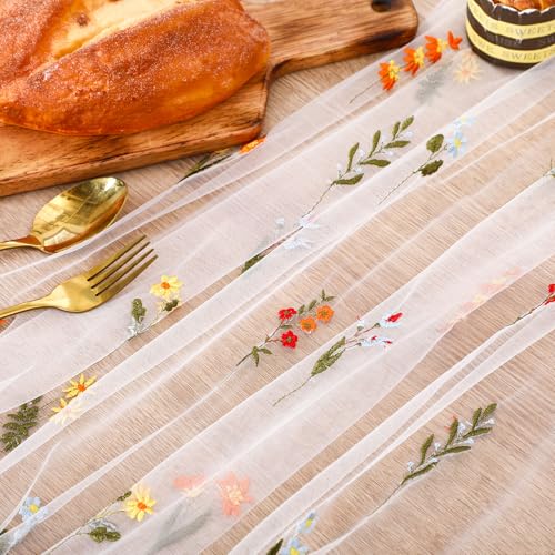 Boao 1 Pc Wildflower Table Runner Embroidery Tulle Spring Summer Table Runner 120 Inch 10 ft Kitchen Dining Decoration for Wedding Baby Shower Bridal Shower Home Decor Birthday Party (Ivory) - color: Ivory, size: Wildflower