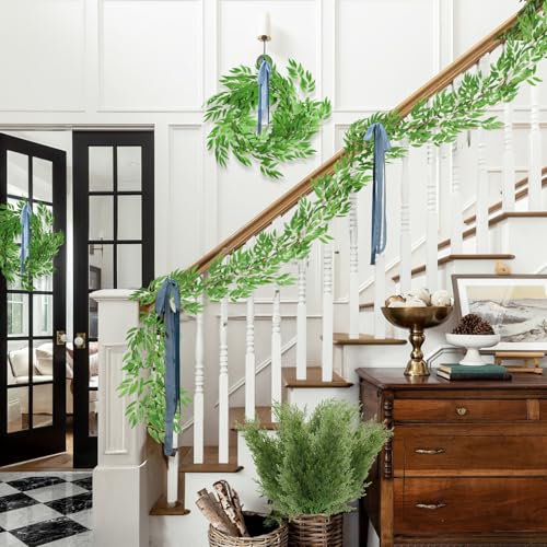 RECUTMS Artificial Willow Leaves Garland 2 Pcs Fake Hanging Vines Plants Artificial Silk Ivy Greenery 6.5 Ft Faux Evergreen Wreaths for Wedding Indoor Outdoor Garden Party Table Decor (Light Green) - color: Willow Vines Light Green 2pcs