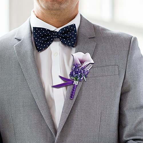 Calla Lily Boutonniere Men Wedding with Pins Set of 6, Handmade Picasso Calla Lily Groom Groomsman Boutonniere for Wedding Ceremony Anniversary (Purple) - color: Calla Lily- Purple, size: 6 Packs