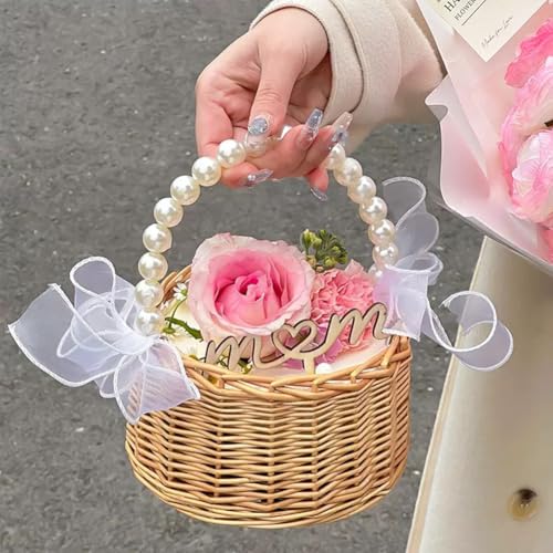 Flower Girl Basket, Wicker Rattan Wedding Flower Basket with Pearl Handle, Lace Bows and Lining, Handwoven Rustic Elegant Small Basket for Wedding Party Home Garden Decoration Outdoor Picnic