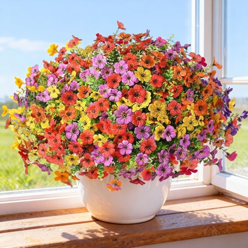 Artificial Flowers for Outdoors, 12 Bundles Fake Daisy Flowers Spring Decor, UV Resistant Faux Flower Daisy with Eucalyptus for Garden Porch Planter Box (6 Multicolor) - color: 6 Multicolor