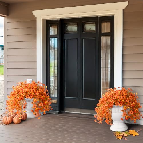 INQCMY Artificial Fall Flowers for Outdoors Realistic Faux Autumn Hanging Plants 2Pcs Fake Mums Fake Flowers for Porch Patio Outdoor Decor Home Decor UV Resistant (Orange Sunset Red) - color: Red Orange