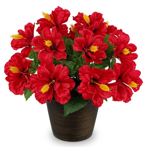 Briful Artificial Hibiscus Flowers in Brown Pot, 14.1" Faux Tropical Flower Plant for Outdoor Porch, Potted Red Hibiscus Tabletop Decor for Living Room, Dining Table, Office, Indoor Home Décor - color: 14'' Red#596