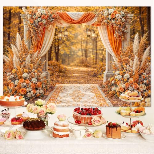 5X3ft Floral Photography Backdrop, Retro Flowers Backdrop Dreamlike Wedding Portrait Photo Background Romantic Wedding Birthday Bridal Shower Engagement Party Background Banner Decor, Orange-3 - color: Orange-3, size: 5x3ft