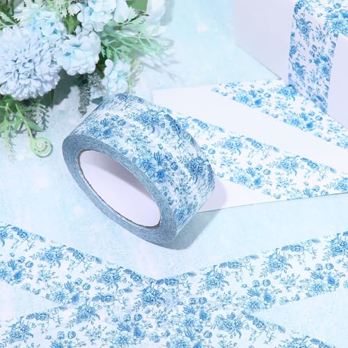 Whaline 109 Yard Blue Floral Packing Tape Chinoiserie Flower Pattern Tape Vintage Floral Waterproof Shipping Tapes for Small Business DIY Crafts Box Carton Decor - style: Blue Floral