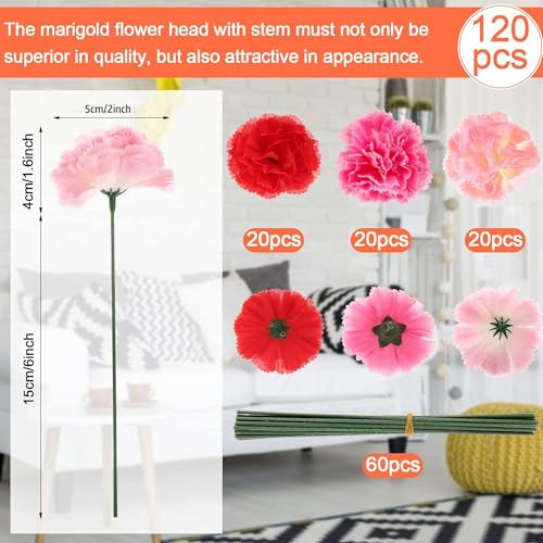 120 Pack Artificial Carnations with Stems Leaves Eternal Blossom Silk Carnation Flower Artificial Pom Pom Mini Hydrangea Birthday Party for Home, Wedding(Scarlet, Pink, Light Pink) 5g6e8t1sm19