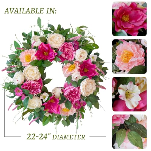 24 Inch Spring Wreaths for Front Door Outside,Artificial Silk Peony Rose Magnolia Spring Summer Wreath with Lavender Greenery | Luxury Summer Wreaths for Front Door-Indoor Outdoor Wreath Decor - color: White Pink Peony