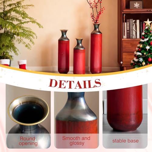 Floor Vases, Tall Home Decor Metal Vase Set of 3 Large Glazed Decorative Vases for Wedding Decor, Elegant Modern Flower Holder for Living Room, Entryway, Hallway - color: Gradient Red