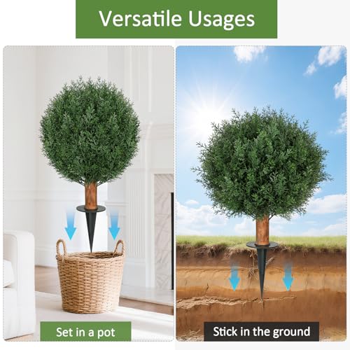 Artificial Cedar Topiary Ball Trees with Ground Spike, 24.6 inches Tall UV-Resistant Fake Outdoor Plants Evergreen Shrubs, Realistic Faux Pine Bushes for Front Porch Home Patio Garden, Set of 4