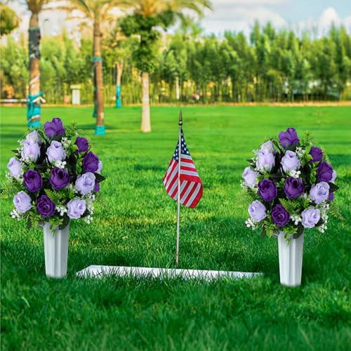 XONOR Artificial Cemetery Flowers for Grave Decorations, Artificial Memorial Roses Flowers Bouquet with Vase for Cemetery Headstones Decoration, 2 Sets (Dark Purple&Light Purple) - color: Dark Purple&light Purple