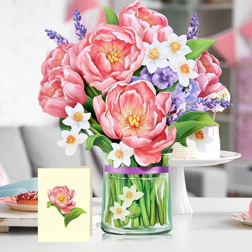 Airpark 3D Pop Up Paper Flowers Bouquet Card 12’‘ with Note & Envelope, Birthday Gifts, Get Well, Thank You, Greeting Cards for Women Mom Wife Friends, Peony Paradise - style: Peony Paradise